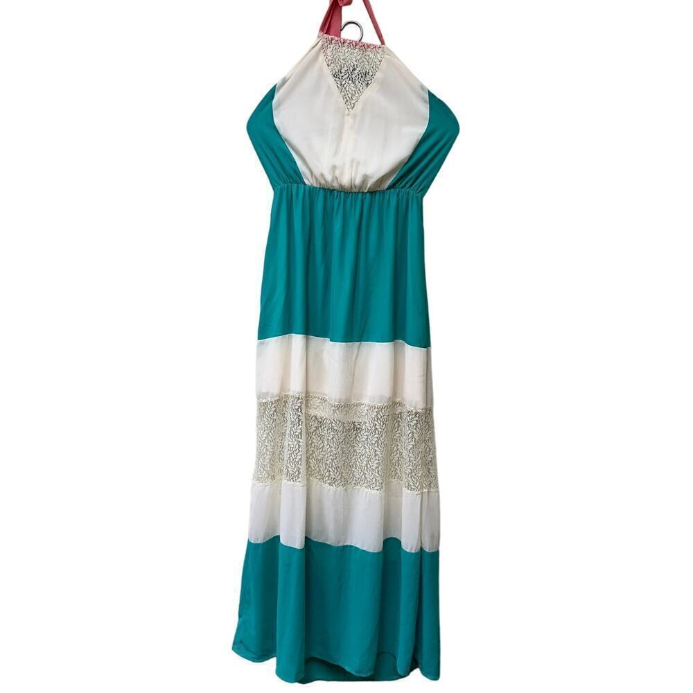 Blue White Lace Colorful Halter Maxi Dress Medium Euro Summer Vacation